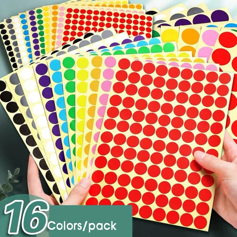 Autocollants ronds de cercle de document de mélange, fournitures de papeterie codées, autocollant de point, étiquette de scrapbooking de point, bricolage, 16 feuilles/paquet