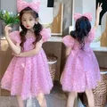 Robe de princesse rose léopard pour filles nœud papillon à la mode avec bande de sauna été 2024