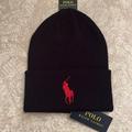 Polo By Ralph Lauren Accessories | Brand New Polo Ralph Lauren Black Knit Stretch Beanie Hat Red Embroidered Pony | Color: Black/Red | Size: Os