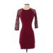 Express Cocktail Dress - Bodycon Crew Neck 3/4 sleeves: Burgundy Print Dresses - Women's Size X-Small