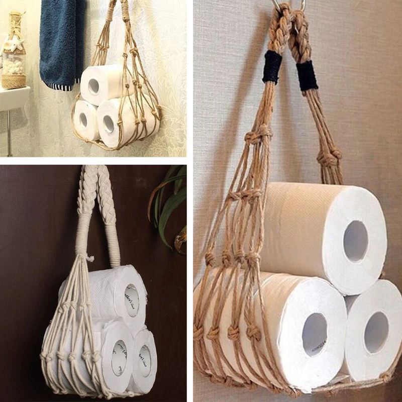 Nouveau filet de rangement poche salle de bain tissé à la main rouleau de papier toilette filet de rangement poche rétro salle de bain décoration livre stockage