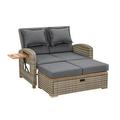 2 Piece Outdoor Chaise Lounger and Bench Gray Fabric Wicker Adjustable- Saltoro Sherpi