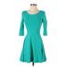 Express Casual Dress - A-Line Scoop Neck 3/4 sleeves: Teal Print Dresses - Women's Size X-Small