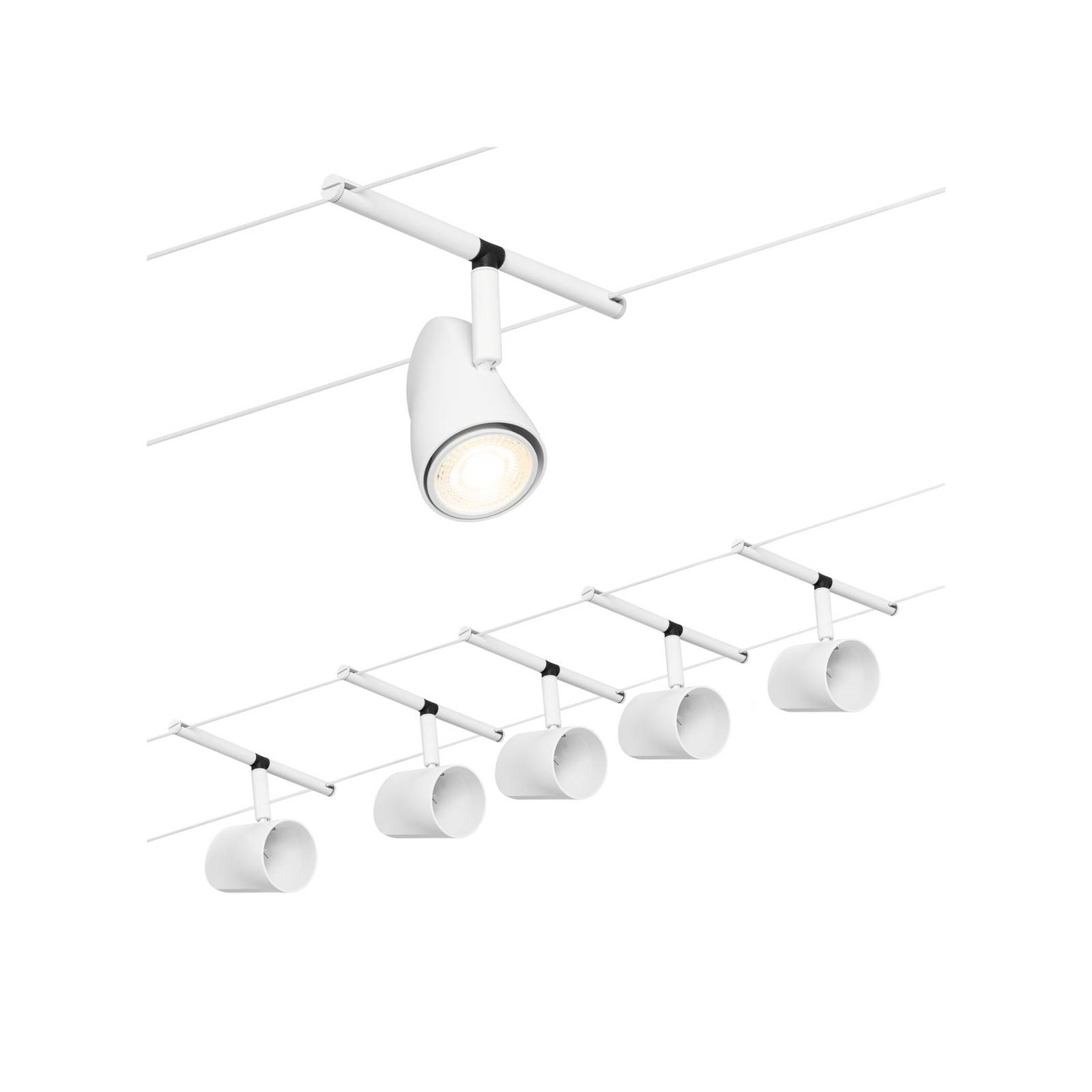 Paulmann Cup Seilsystem Basisset 5fl. weiß matt, weiß / opal, für Flurbereich, Metall, Modern, Seilsystem Leuchte