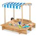 Costway Kids Large Wooden Sandbox w/ 2 Bench Seats Outdoor Play Station for Children