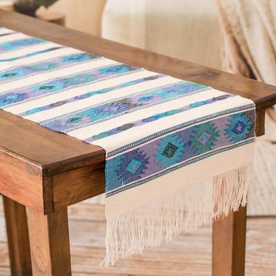 Celestial Banquet,'Handloomed Blue and Ivory Cotton Table Runner with Fringes'
