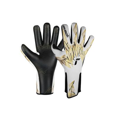 Torwarthandschuhe REUSCH "Pure Contact GluePrint Strapless", Damen, Gr. 8,5, gold (weiß, goldfarben), 72% Elastodien, 23% Polyester, 5% Polyamid, mehrfarbig, sportlich, Handschuhe, mit Negative Cut