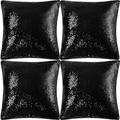 PiccoCasa 4 Pcs Sequin Throw Pillow Covers, 45x45cm, Glitzy Decorative Cushion Cover, Shiny Sparkling Satin Square Pillowcase Cover for Livingroom Decor Wedding Party, Black