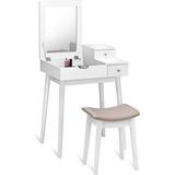 HBBOOMLIFE Vanity Table Set with Mirror Stool Home Folding Flip Mirrored Large Organizer Women Home Bedroom Wood Cushioned Bench Girls Makeup Dressing Table Sets w/ 2 Drawers White