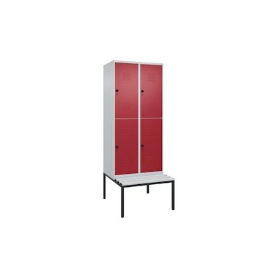 C+P Spind Classic PLUS, Kunststoff untergebaute Sitzbank, 4 Abteile, HxBxT 212x80x82cm, Sicherheitsdrehriegel, Hellgrau/Rubinrot von PROREGAL Image