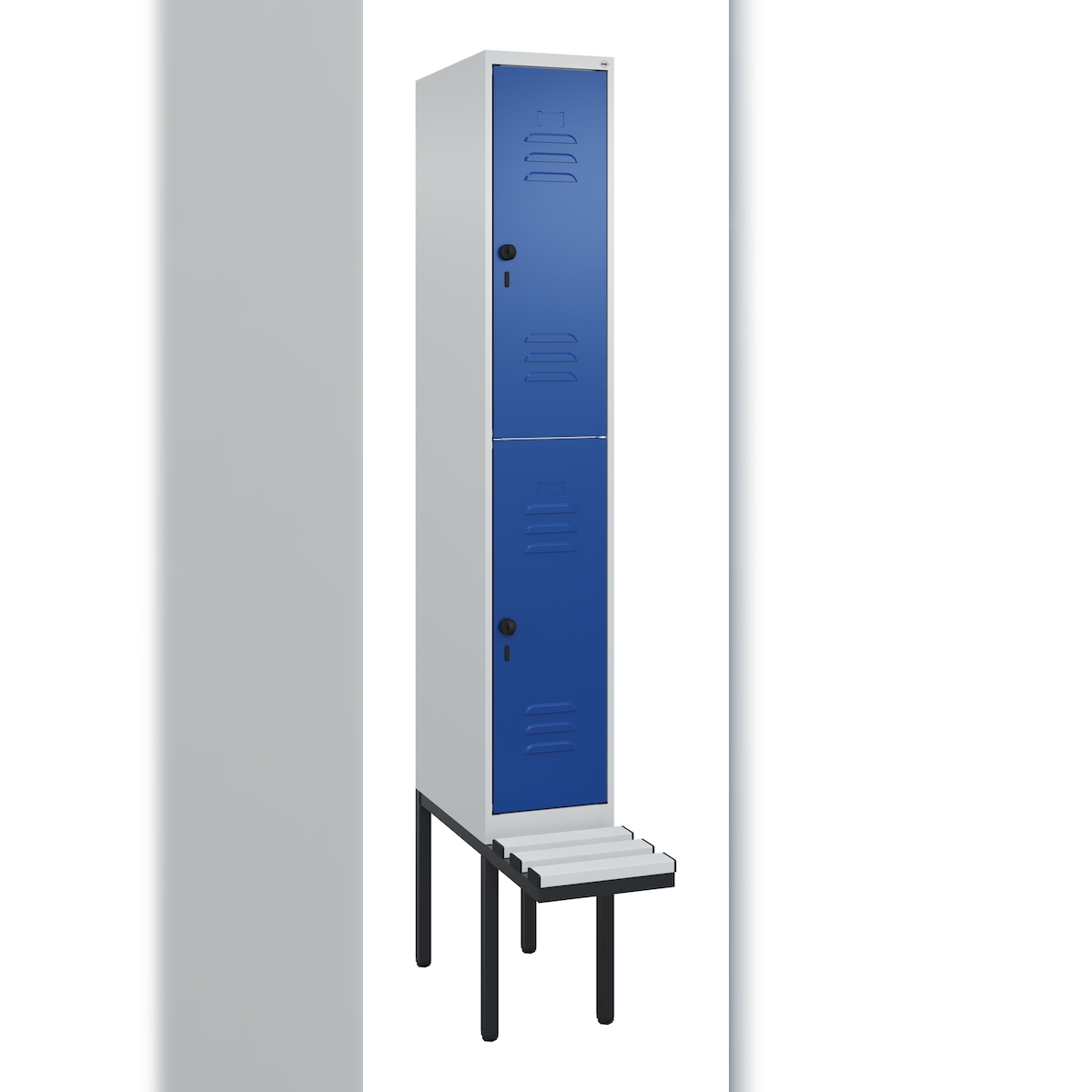 C+P Spind Classic PLUS, Kunststoff schwebende Sitzbank, 2 Abteile, HxBxT 212x30x82cm, Sicherheitsdrehriegel, Hellgrau/Enzianblau von PROREGAL Image