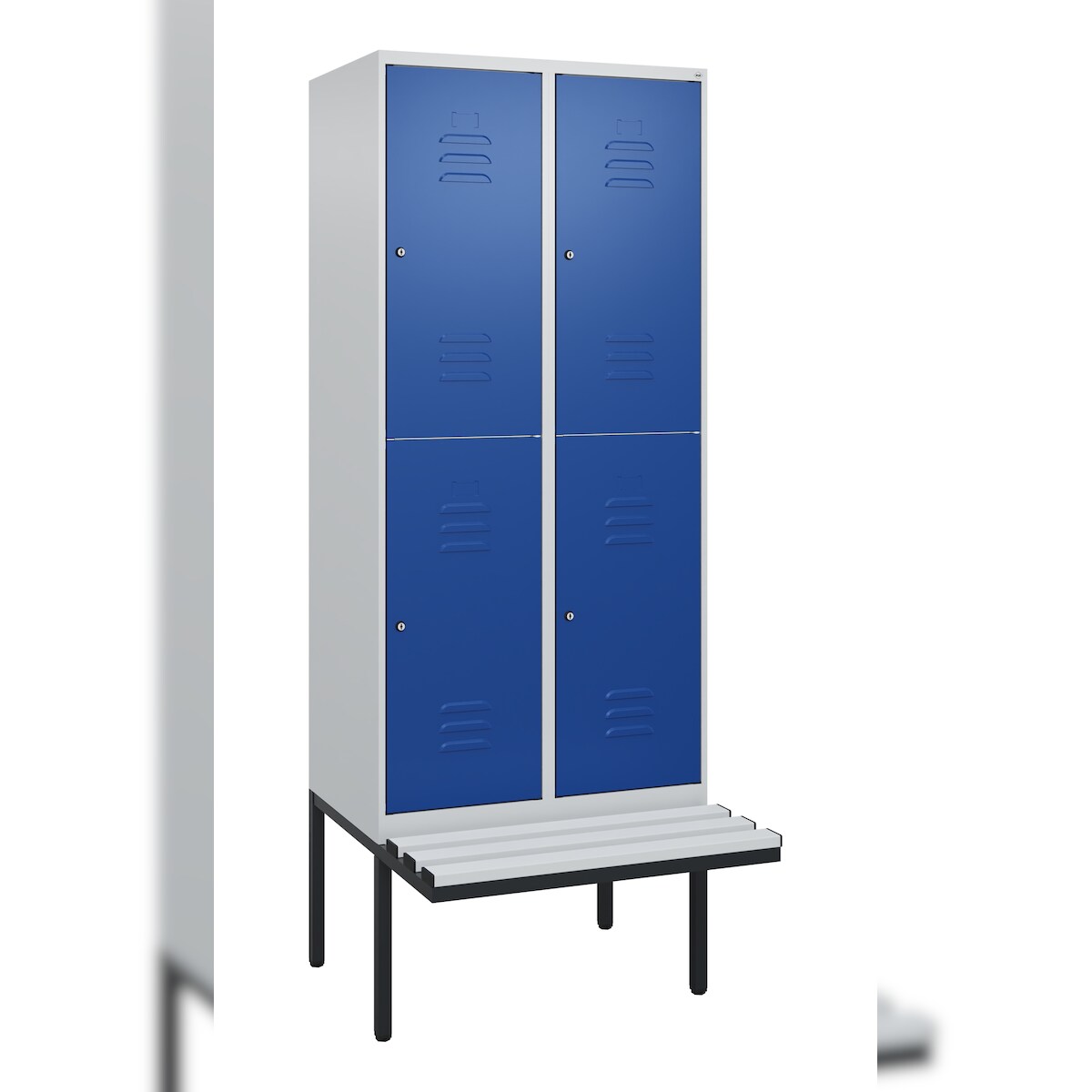 C+P Spind Classic PLUS, Kunststoff schwebende Sitzbank, 4 Abteile, HxBxT 212x80x82cm, Zylinderschloss, Hellgrau/Enzianblau von PROREGAL Image