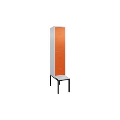 C+P Spind Classic PLUS, Kunststoff untergebaute Sitzbank, 2 Abteile, HxBxT 212x40x82cm, Zylinderschloss, Hellgrau/Reinorange von PROREGAL Image