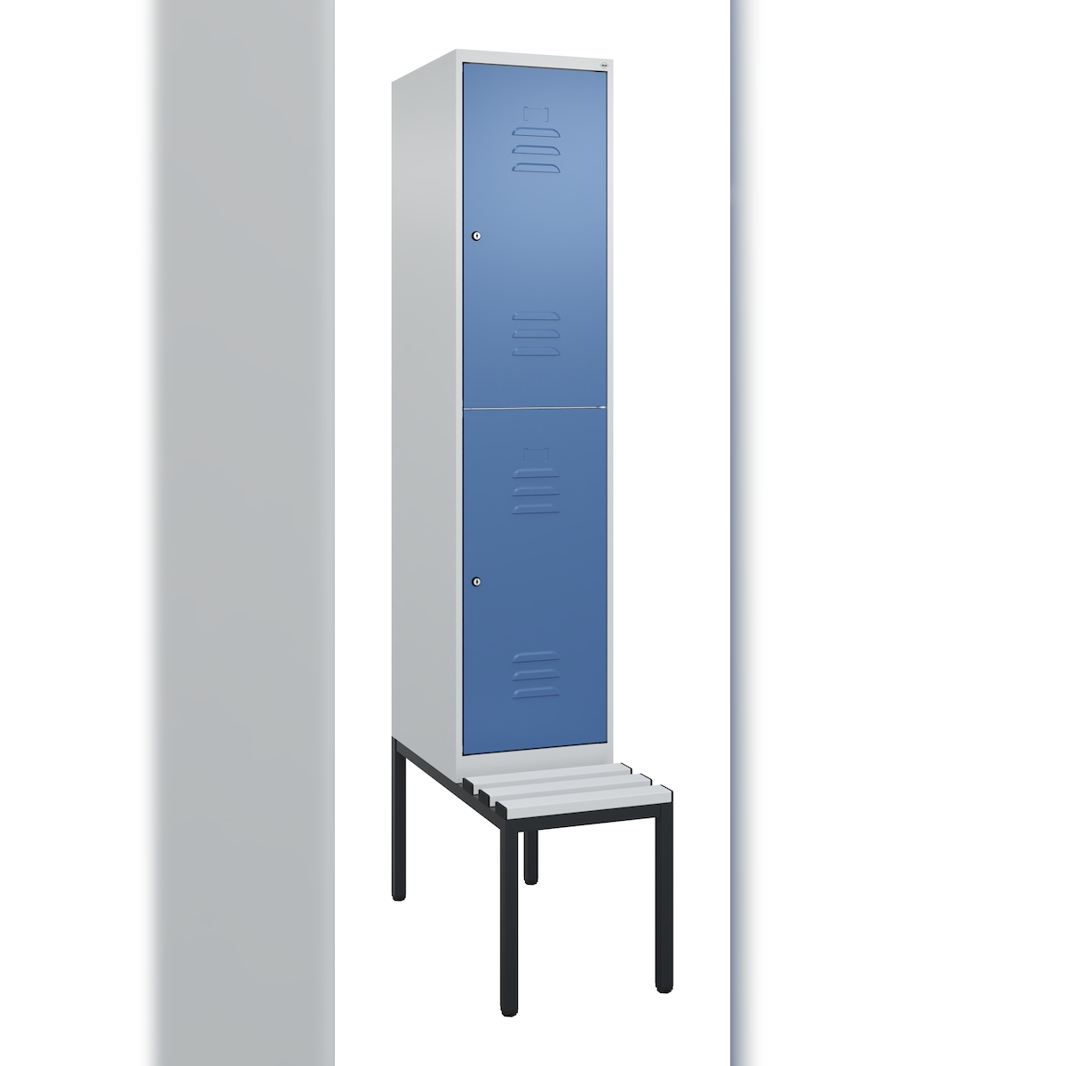 C+P Spind Classic PLUS, Kunststoff untergebaute Sitzbank, 2 Abteile, HxBxT 212x40x82cm, Zylinderschloss, Hellgrau/Fernblau von PROREGAL Image
