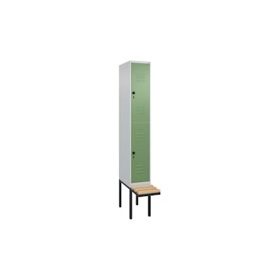 C+P Spind Classic PLUS, Buche schwebende Sitzbank, 2 Abteile, HxBxT 212x30x82cm, Sicherheitsdrehriegel, Hellgrau/Resedagrün von PROREGAL Image