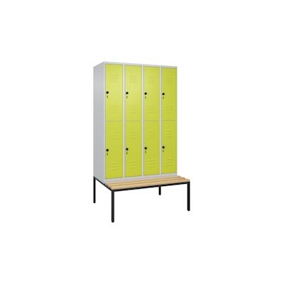 C+P Spind Classic PLUS, Buche untergebaute Sitzbank-Harthol, 8 Abteile, HxBxT 212x120x82cm, Sicherheitsdrehriegel, Hellgrau/Clowngrün von PROREGAL Image