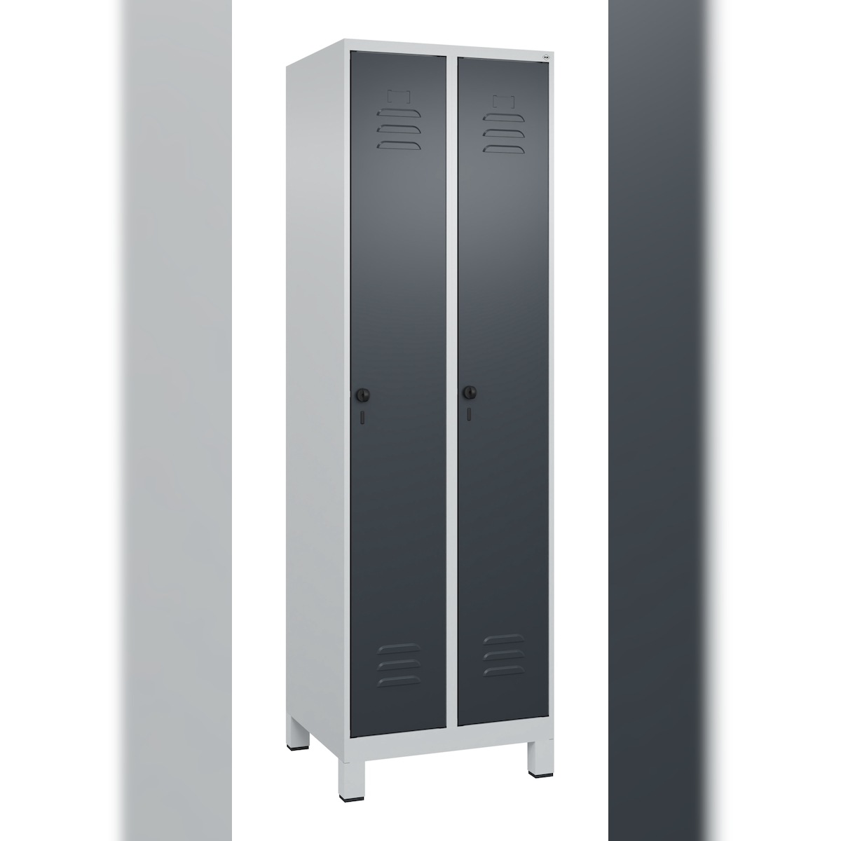C+P Aufbewahrungsspind Classic PLUS, Füßen, 2 Abteile je 4 Fachböden, HxBxT 195x60x50cm, Sicherheitsdrehriegel, Hellgrau/Anthrazit von PROREGAL Image