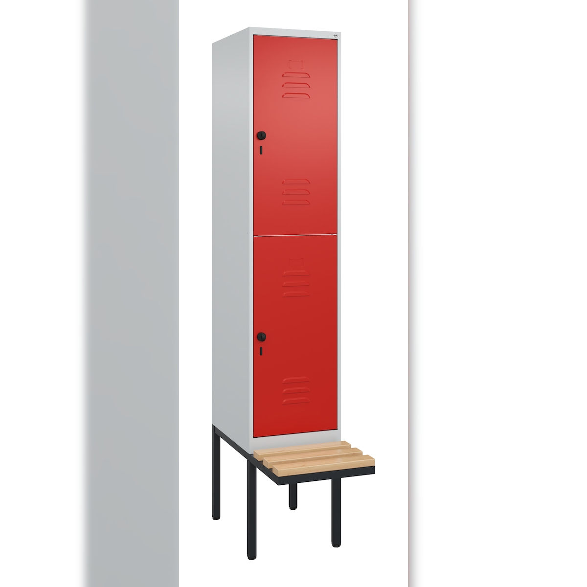 C+P Spind Classic PLUS, Buche schwebende Sitzbank, 2 Abteile, HxBxT 212x40x82cm, Sicherheitsdrehriegel, Hellgrau/Rot von PROREGAL Image