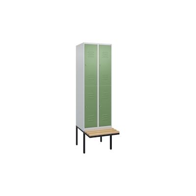 C+P Spind Classic PLUS, Buche schwebende Sitzbank, 4 Abteile, HxBxT 212x60x82cm, Zylinderschloss, Hellgrau/Resedagrün von PROREGAL Image