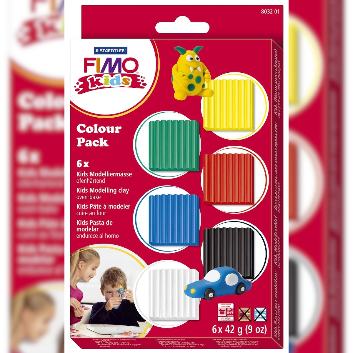 FIMO 803201 Modelliermasse kids "Colour Pack Basic" weiß, gelb, rot, grün, blau, schwarz Image