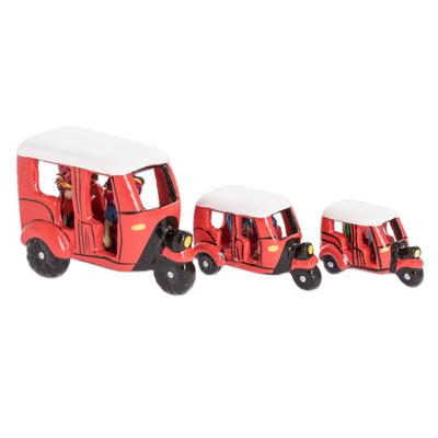 Red Tuc Tucs,'Mini Red Tuc Tuc Taxis with Dolls from Guatemala (Set of 3)'