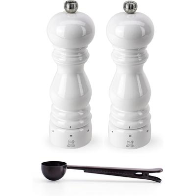 Peugeot Paris u'Select White Lacquer Salt & Pepper Mill, Gift Set - With Stainless Steel Spice Scoop/Bag Clip (7 Inch)