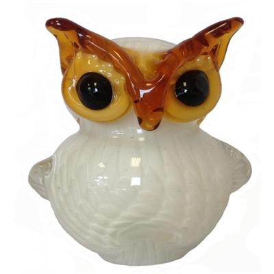 Hand Blown White And Brown Glass Owl Paperweight