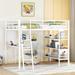 White Full Size Metal Loft Bed with 3 Layers of Shelves and Desk, Metal Frame Loft Bed with Whiteboard for Bedrooms Guest Room