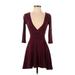 Kimchi Blue Casual Dress - A-Line Plunge 3/4 sleeves: Burgundy Marled Dresses - Women's Size X-Small