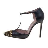 Gucci Shoes | Gucci Coline Black Leather Gold Studded Pointed Toe Mary Jane T-Strap Heels | Color: Black/Gold | Size: 7.5