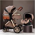 Light Strollers Adjustable High View Travel Pram Stroller Combo, 3 in 1 Stroller for Girls and Boys Pram Suit Carriage Bassinet with Rain Cover, Mosquito Net, Foot Cover (Color : Khaki)