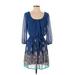 As U Wish Casual Dress - Mini Scoop Neck 3/4 sleeves: Blue Dresses - Women's Size X-Small