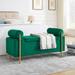 Elegant Linen Upholstered Storage Bench with Cylindrical Arms and Iron Legs