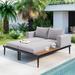 Modern Outdoor Metal Daybed with Wood Topped Side Spaces, 2-in-1 Padded Chaise Lounges