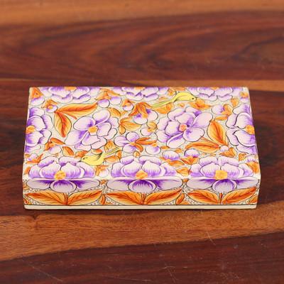 Blooming Kashmir in Purple,'Purple Papier Mache on Wood Floral Leaf Bird Decorative Box'