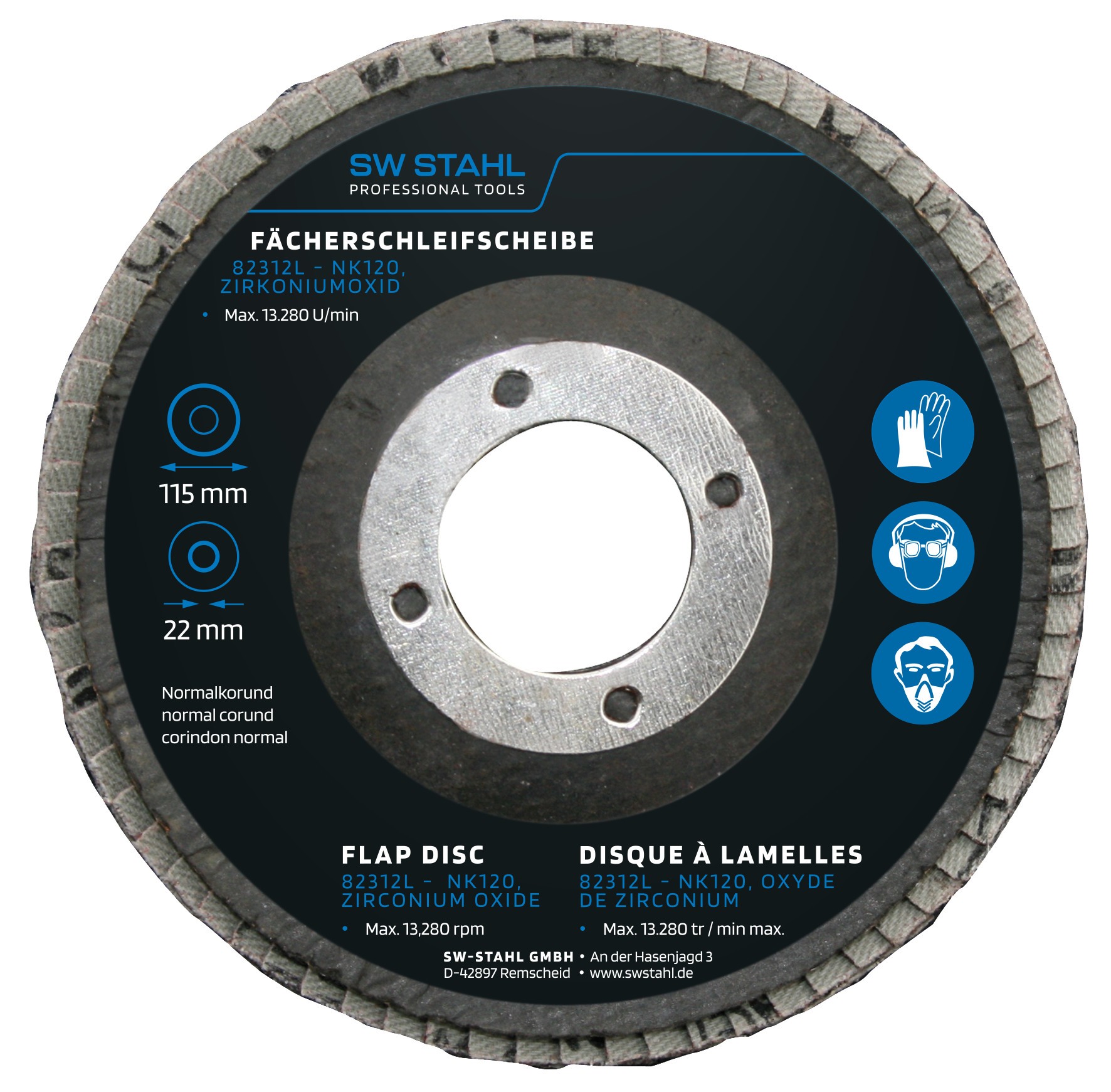 SWSTAHL Fächerschleifscheibe, Zirkoniumoxid, 115 mm, NK120, 10 Stück 82312L Schleifscheibe, Winkelschleifer Image