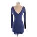 Lulus Casual Dress - Mini V Neck Long sleeves: Blue Solid Dresses - Women's Size Small