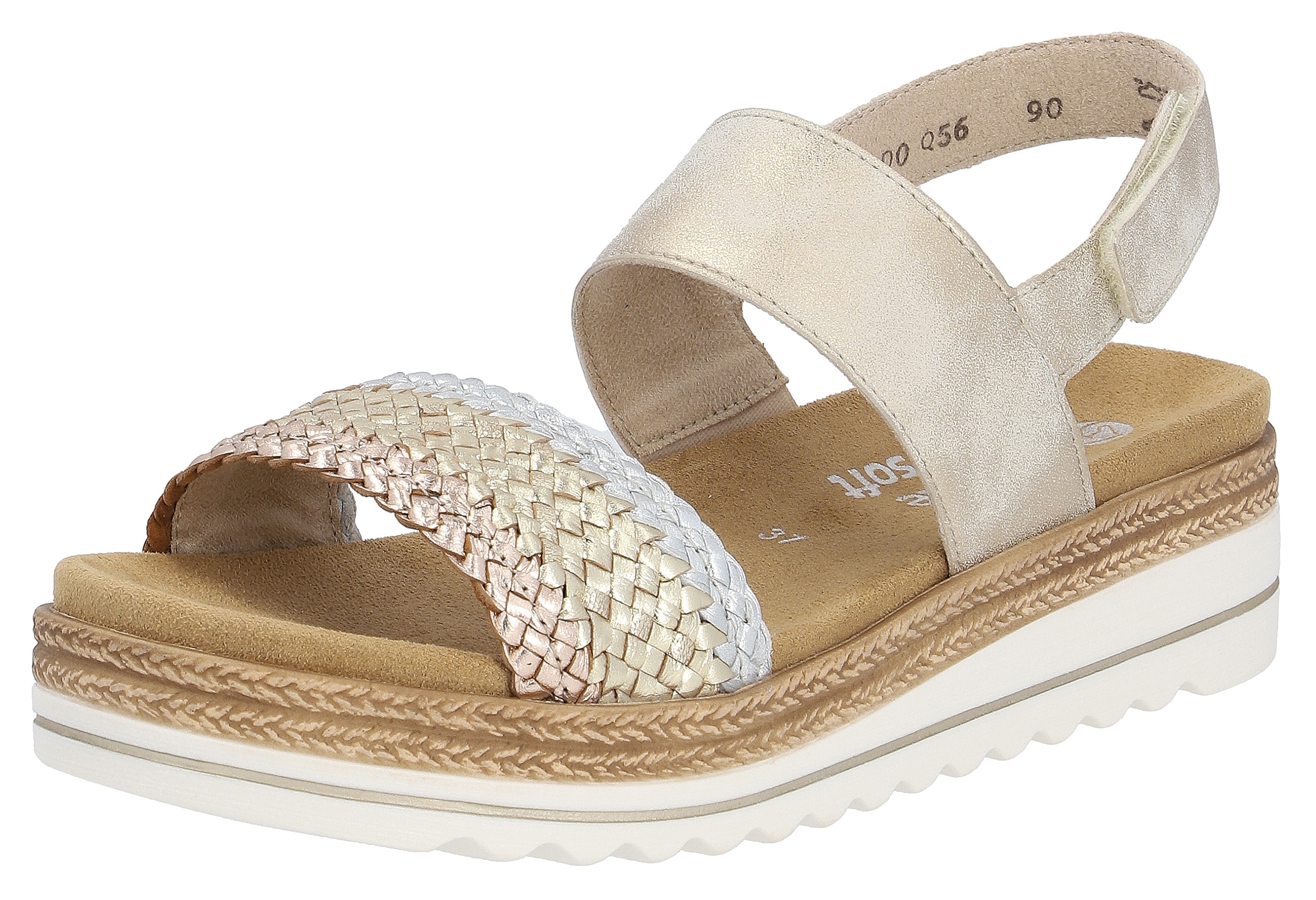 Keilsandalette REMONTE "ELLE-Collection", Damen, Gr. 40, beige (goldfarben, beige), Leder, Lederimitat, Flechtoptik, Schuhe, Sommerschuh, Sandale, Keilabsatz, mit Flechtbandage im Metalliclook