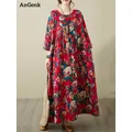 Robe vintage en coton à manches longues pour femmes robes imprimées florales surdimensionnées robe