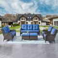 Outdoor Patio Wicker Furniture Set - 5 Piece Patio Rattan Sectional Sofa Set with 3-Seat Couch 2 Armchairs 2 Ottoman Footrests for Patio Conversation(5PC Mixed Grey/Blue)