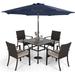 & William Outdoor 6 Pieces Dining Set with 4 Rattan Chairs 1 Metal Table and 1 10ft 3 Tier Auto-tilt Umbrella(No Base) Orange Red Modern Patio Furniture for Poolside Porch Patio