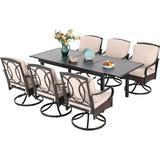 & William Patio Table and Chairs with 13ft Double-Sided Umbrella 8 Piece Outdoor Dining Furniture Set with 6 Padded Swivel Rocker Dining Chairs 1 Rectangular Metal Patio Table and 1