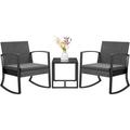 3 Piece Patio Rocking Chair Set Outdoor Patio Furniture Set with Coffee Table and Cushions for Balcony Porch Bistro (Grey)