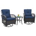 Skypatio 3PCS Outdoor Swivel Rocker Patio RattanFurniture Rocker Sets 2 Chairs & Side Table Navy Blue