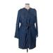 Foxcroft Casual Dress - Shirtdress High Neck 3/4 sleeves: Blue Solid Dresses - Women's Size 18