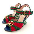 Gucci Shoes | Gucci | Rare Double G Interlocking Party Wedge Fiesta Sandal Red Green Us 8 | Color: Blue/Green/Red/Tan | Size: 38eu