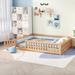 Queen Size Bed Floor Bed with Safety Guardrails and Door for Kids, Natural