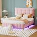 Full Size Velvet Upholstered Platform Bed with Headboard and LED Lights, Bed with Metal Legs and Wood Slats