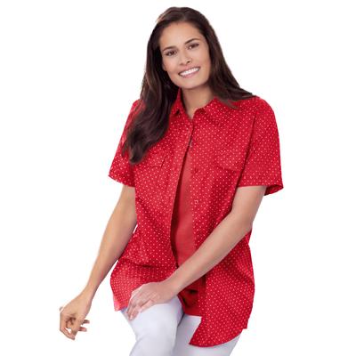 Plus Size Women's Short-Sleeve Cotton Campshirt by Woman Within in Vivid Red Mini Dot (Size 26/28)