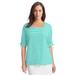 Plus Size Women's Stretch Cotton Tie Sleeve Square Neck Tee by Jessica London in Aqua Sea Feeder Stripe (Size L)